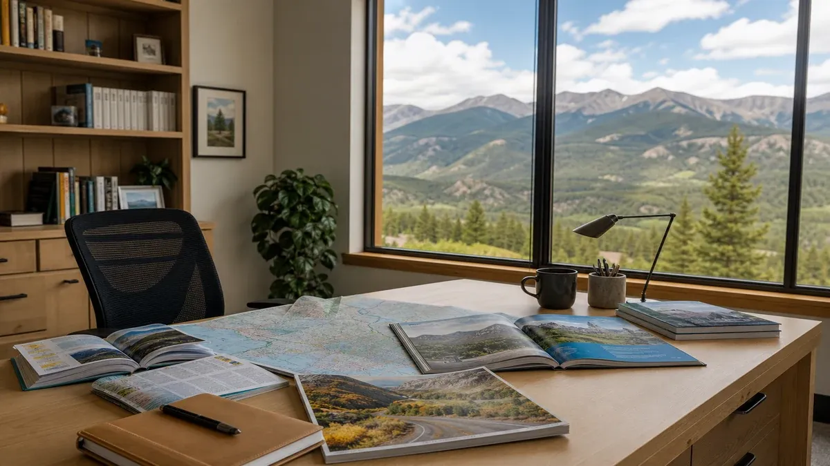 Scenic highway editorial research scene with route maps